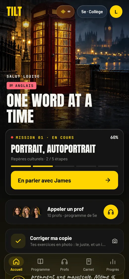 L'accueil de l'application : la mission en cours, le bouton pour appeler un prof et la correction de copie