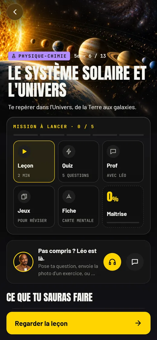 L'écran d'une notion : la mission à lancer avec la leçon, le quiz, le prof, les jeux et la fiche