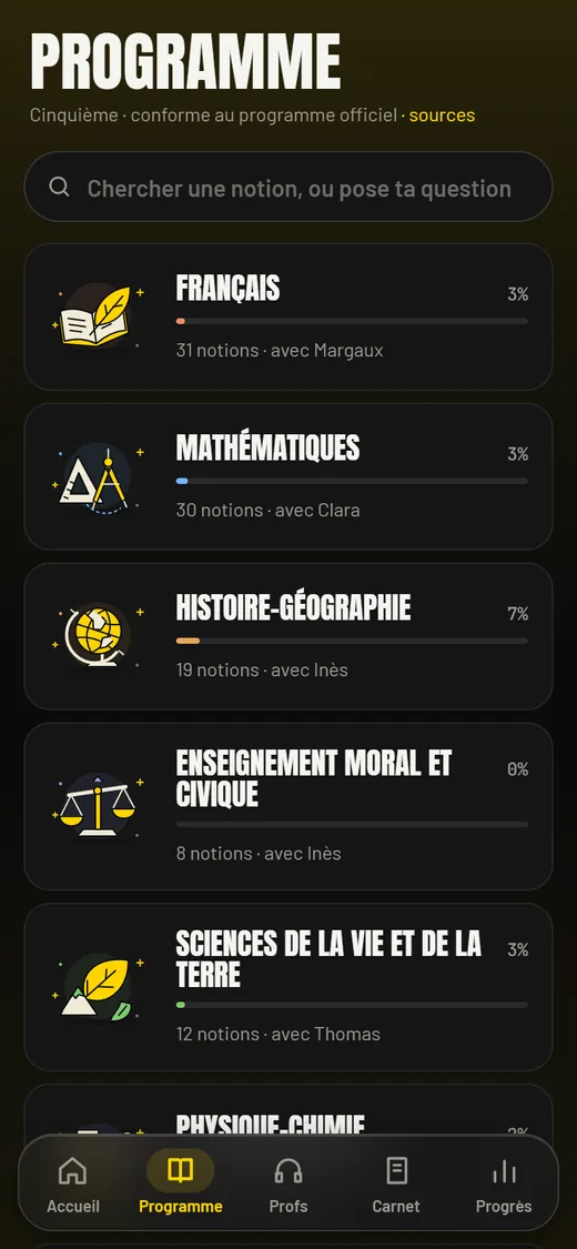 L'écran Programme de l'application : les matières de 5e, chacune avec son nombre de notions, son prof et sa progression