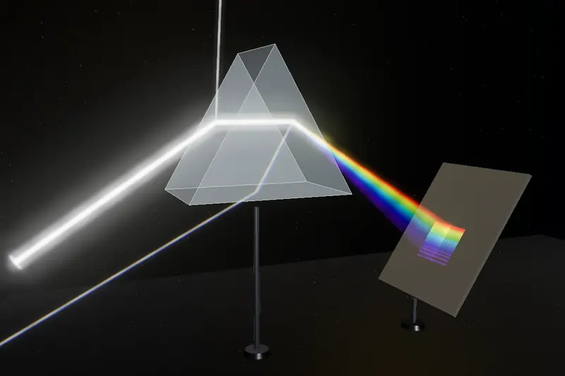 Un faisceau laser qui traverse un prisme et se décompose en couleurs