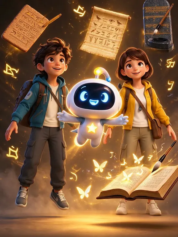 Tilt, Nino et Léa devant des hiéroglyphes, l'affiche du film Les origines de l'écriture